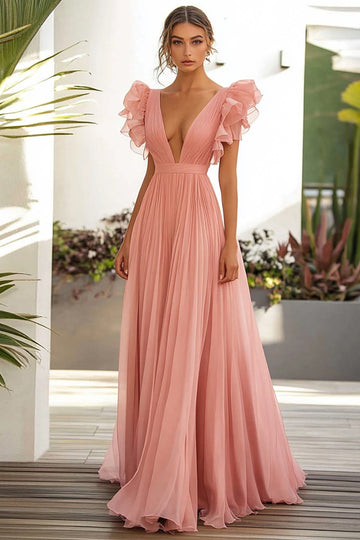 Rose A Ligne Volants Col V Longue Robe D’invité De Mariage